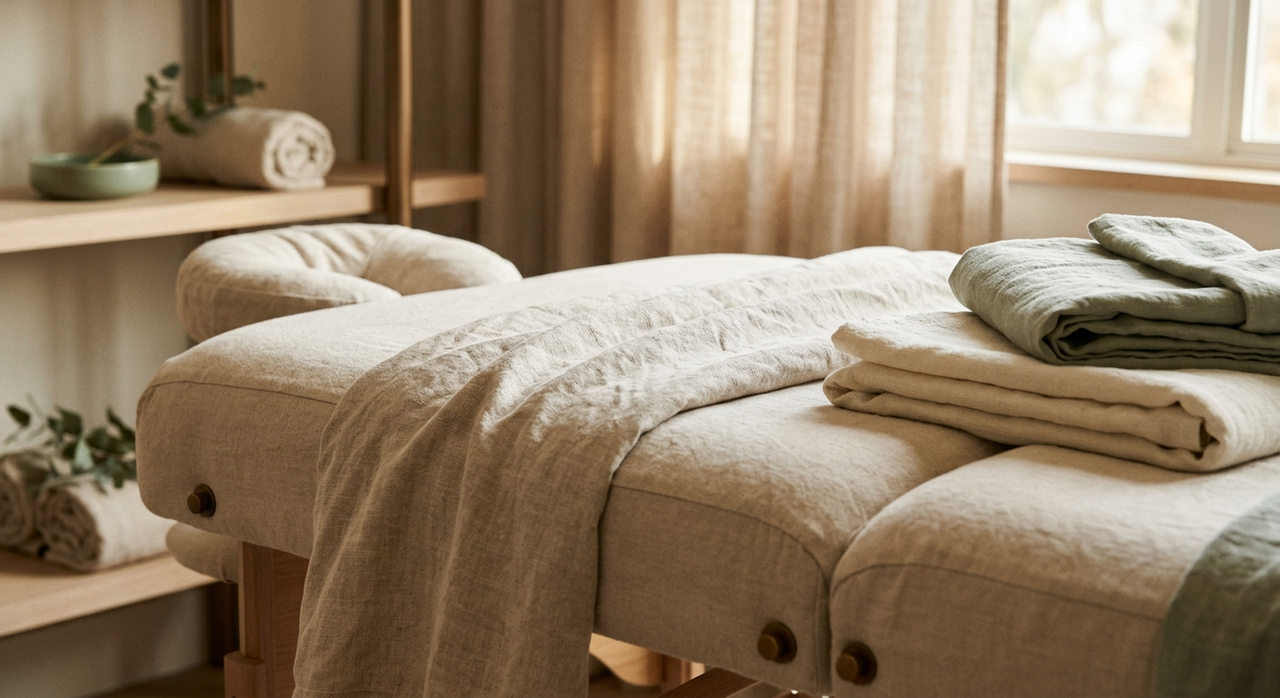Gros plan sur la table de massage moelleuse et son habillage de lin