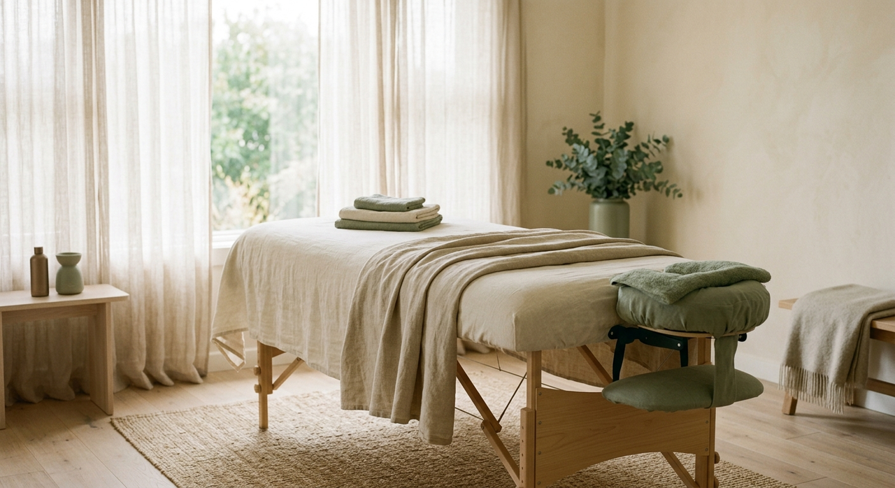 Table de massage habillée de lin près d’une fenêtre lumineuse